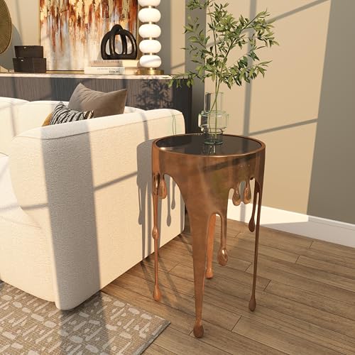 Deco 79 Aluminum Metal Contemporary Table with Abstract Drip Design, Copper Side Table, Accent Melting Legs and Black Glass Top, 16" x 16" x 25", Copper - color: Copper