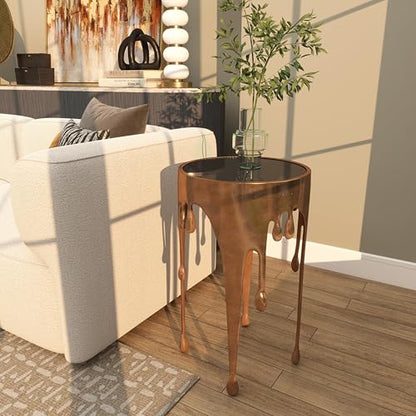 Deco 79 Aluminum Metal Contemporary Table with Abstract Drip Design, Copper Side Table, Accent Melting Legs and Black Glass Top, 16" x 16" x 25", Copper - color: Copper
