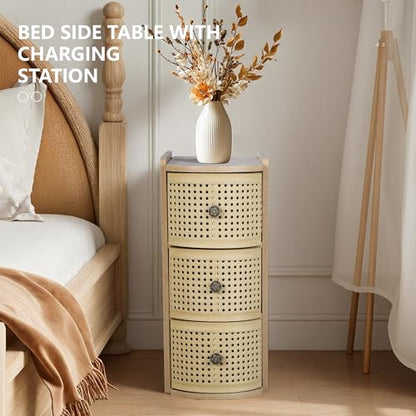 Narrow End Table Set of 2, Metal Rattan Side Table with Storage, Narrow Charging Nightstand with 3 Drawer for Bedroom Bedside, Living Room Couch Sofa, Desk Side Table for Small Spaces - Natural - size: Drawer Natural-set
