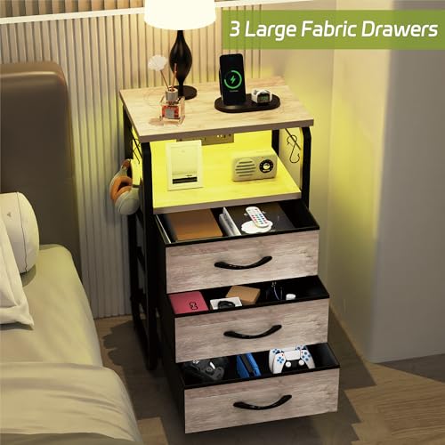runjuly Bed Side Table with 3 Fabric Drawers, Night Stand with Charging Station, LED Nightstand with Hooks, Bedside Table End Tables with Storage, Night Tables for Bedroom (Beige) - color: Greige, style: 3 Drawers