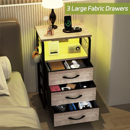 runjuly Bed Side Table with 3 Fabric Drawers, Night Stand with Charging Station, LED Nightstand with Hooks, Bedside Table End Tables with Storage, Night Tables for Bedroom (Beige) - color: Greige, style: 3 Drawers