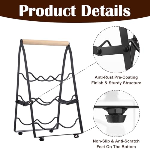 6 Bottle Wine Rack Countertop Black Metal Freestanding Wine Bottle Holder Stand Organizer for Kitchen, Cabinet, Pantry Storage, No Assembly Required