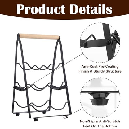 6 Bottle Wine Rack Countertop Black Metal Freestanding Wine Bottle Holder Stand Organizer for Kitchen, Cabinet, Pantry Storage, No Assembly Required