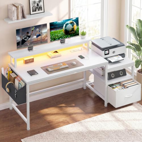 EnHomee 56.5" Office Desk with Drawers & Printer Space for Home Work,White | Computer Desk with 3 AC Outlets& 2 USB Ports,Waterproof LED Strip Lights,Monitor Stand & Side Pockets,Home Office,Bedroom - color: White, size: 56.5" With LED Light