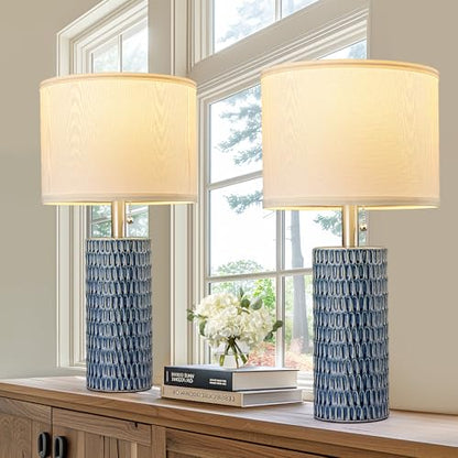 Reaketon Table Lamps for Living Room Set of 2, Ceramic Table Lamps for Bedroom, 20" Modern Lamps for Night Stands, Dark Blue - color: Dark Blue