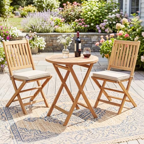 Tangkula 24-Inch Teak Wood Folding Outdoor Table, Round Patio Table with Sturdy X-Frame, Space Saving Outside Bistro Table for Deck, Porch, Poolside, Balcony & Garden - size: 24"