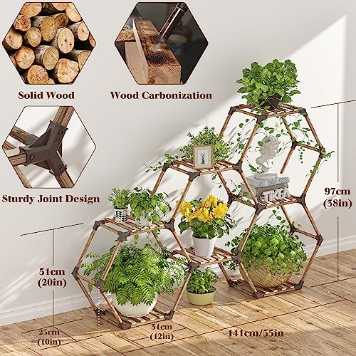 Tikea Hexagonal Indoor Outdoor Plant Stand, 7-Tier Wooden Plant Shelf | Large Plant Shelves Indoor Plant Rack for Patio Balcony Window Living Room Decor, DIY Creative unique Shapes Plant Stand