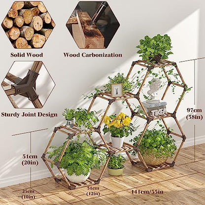 Tikea Hexagonal Indoor Outdoor Plant Stand, 7-Tier Wooden Plant Shelf | Large Plant Shelves Indoor Plant Rack for Patio Balcony Window Living Room Decor, DIY Creative unique Shapes Plant Stand