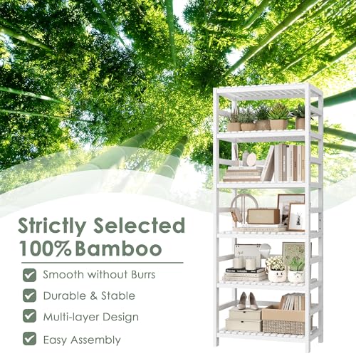 FOTOSOK 6-Tier Bamboo Shelf with Adjustable Shelves, Bamboo Kitchen Cabinet | Tall Bamboo Bookshelf and Plant Shelf with 250-lb Shelf Capacity for Laundry Bathroom Kitchen Pantry Home Office - color: White