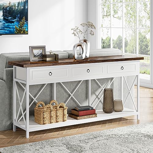 Tribesigns 70.8" Console Table with 3 Drawers, Farmhouse Entryway Table with Storage Shelf, Narrow Long Sofa Foyer Table for Entryway, Hallway (White/Brown) - color: White/Brown