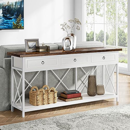 Tribesigns 70.8" Console Table with 3 Drawers, Farmhouse Entryway Table with Storage Shelf, Narrow Long Sofa Foyer Table for Entryway, Hallway (White/Brown) - color: White/Brown