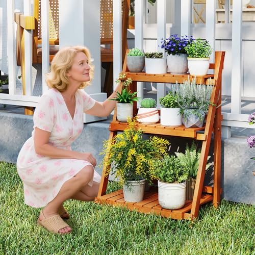 S AFSTAR 3-Tier Folding Plant Stand, Wood Ladder Flower Rack with Anti-falling Bars, Corner Storage Shelves for Book, Decorations, Potted Flower Stand Holder for Living Room, Balcony, Study, No Assembly