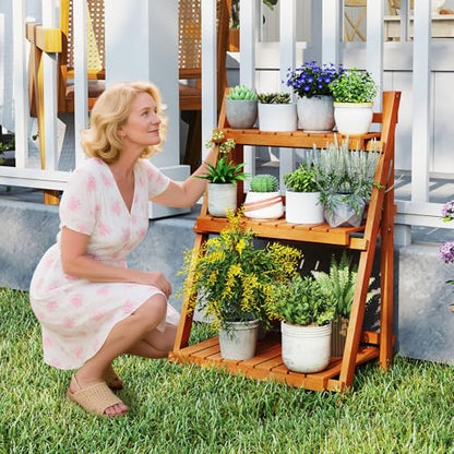 S AFSTAR 3-Tier Folding Plant Stand, Wood Ladder Flower Rack with Anti-falling Bars, Corner Storage Shelves for Book, Decorations, Potted Flower Stand Holder for Living Room, Balcony, Study, No Assembly