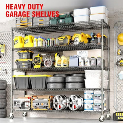 Garvee Storage Shelves, 5 Tier Metal Shelving Units with Wheels, 82" H x 59" W x 23.6" D, 3300 LBS Heavy Duty Wire Shelving Rolling Rack for Garage Kitchen Home Basement, Adjustable, Black - size: 23.6"D x 59"W x 82.6"H(5-Tier)