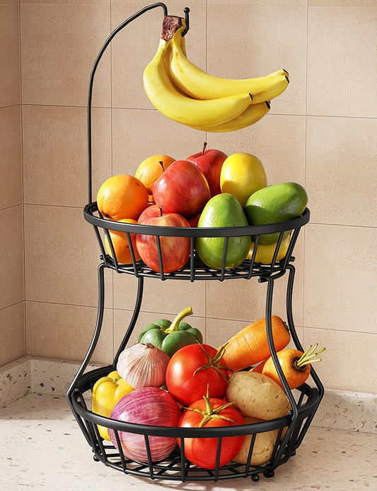 SAYZH 2-Tier Fruit Basket Bowl Stackable Vegetable Storage with Banana Tree Hanger Stand for Kitchen Countertop, Metal Wire Basket for Bread Onions Potatoes (Black)