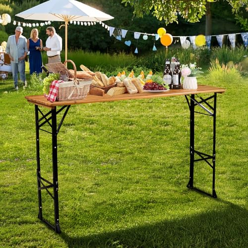 VINGLI 67 Inch Wooden Folding Picnic Table, Picnic Beer Table with Umbrella Hole, Adjustable Heights (29.5" Sitting & 41.5" Standing) – Perfect for Picnics, BBQs, Parties, Bars, and Camping