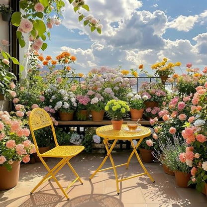 TeoKJ Folding Outdoor Side Tables, Anti Rust Small Patio Table Round Metal Nightstand with Flower Cutouts for Porch Yard Balcony Deck Lawn, Yellow - color: Yellow