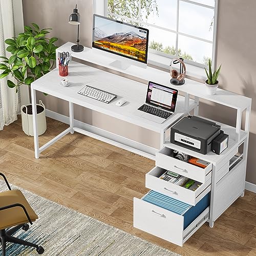 Tribesigns 63 Inch Computer Desk with File Drawer Cabinet, Ergonomic Office Desk with Monitor Stand, Computer Table with Printer Space, Wood PC Table Workstation Desk for Home Office, White - color: White