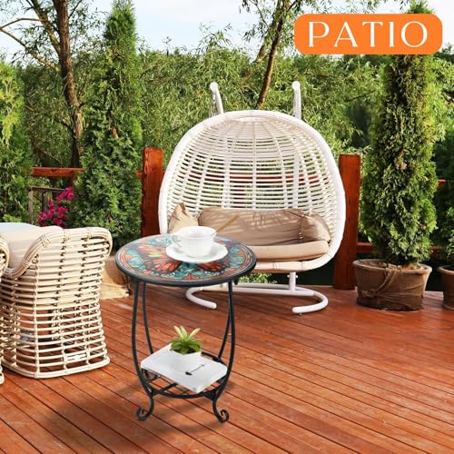 Cinnvoice Outdoor Side Table Round Small Mosaic Patio Accent Indoor End Plant Coffee Tea Table for Yard Patio Porch Garden Living Room, Bedroom(Butterfly B Style,14 Inch) - size: 14 Inch, style: Butterfly B Style