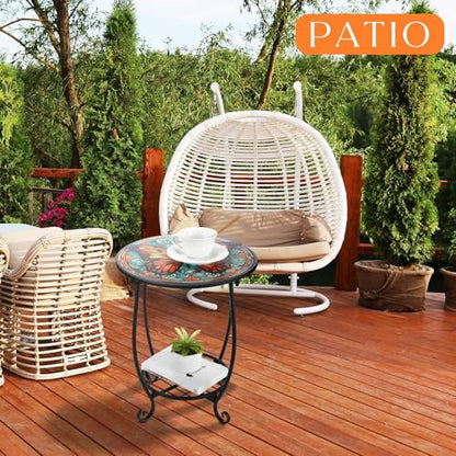Cinnvoice Outdoor Side Table Round Small Mosaic Patio Accent Indoor End Plant Coffee Tea Table for Yard Patio Porch Garden Living Room, Bedroom(Butterfly B Style,14 Inch) - size: 14 Inch, style: Butterfly B Style