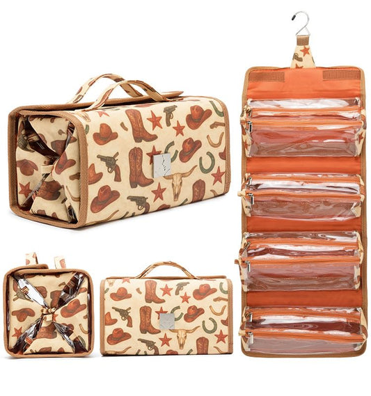 Roll Up Makeup Bag, Travel Toiletry Bag for Women with 4 Clear TSA Approved Pouches, Hanging Travel Organizer, Folding Cosmetic Bag for Men and Women - color: cowboy