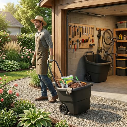 15-Gallon Rolling Lawn and Garden Utility Cart, Durable Resin Yard Wagon with Retractable Handle & 7-Inch Flat-Free Wheels for Outdoor Mulch, Dirt, and Debris Transport, Black
