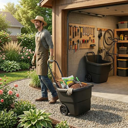 15-Gallon Rolling Lawn and Garden Utility Cart, Durable Resin Yard Wagon with Retractable Handle & 7-Inch Flat-Free Wheels for Outdoor Mulch, Dirt, and Debris Transport, Black