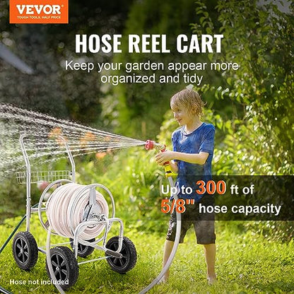 VEVOR Hose Reel Cart, Hold Up to 300 ft of 5/8’’ Hose, Garden Water Hose Carts Mobile Tools with 4 Wheels, Heavy Duty Powder-Coated Steel Outdoor Planting with Storage Basket, for Garden, Yard, Lawn - style: 300 ft