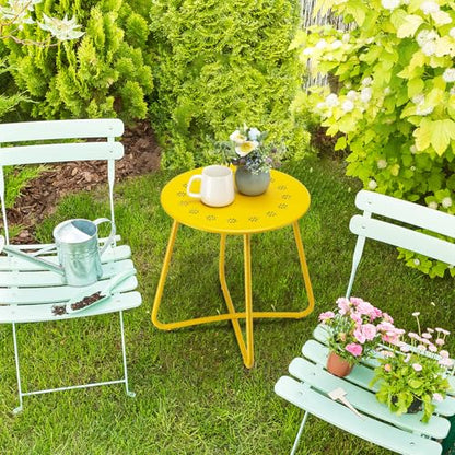 danpinera Outdoor Side Tables with Flower Cut Outs, Weather Resistant Steel Patio Side Table, Small Round Outdoor End Table Metal Side Table for Patio Yard Balcony Garden Yellow - color: Yellow