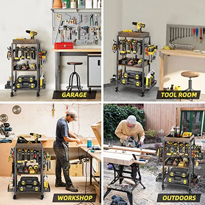 Olakee Power Tool Organizer Garage Storage Organization Shelving Tool Holder Drill Rack Shelf Rolling Cart Open Tool Chest Cabinet Box Organizer with Wheels Workshop Garage Gift Ideas for Men Dad