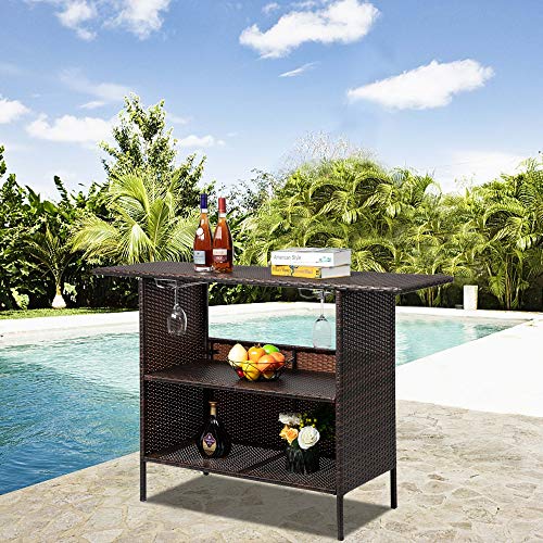 54.7" Patio Wicker Sideboard Buffet Cabinet Prep Table,All Weather Patio Rattan Wicker Bar Table,Outdoor Patio Bar Table,with Storage Shelves,for Party Porch Backyard Garden Poolside (Brown)