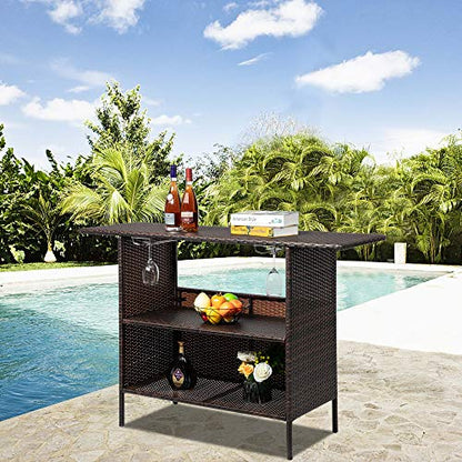 54.7" Patio Wicker Sideboard Buffet Cabinet Prep Table,All Weather Patio Rattan Wicker Bar Table,Outdoor Patio Bar Table,with Storage Shelves,for Party Porch Backyard Garden Poolside (Brown)