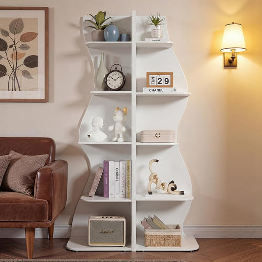 VECELO 2 Pcs Wavy Wavy Corner Shelf, Decorative 5-Tier Storage Bookshelf, 70.1” Tall Freestanding Display Bookcase for Small Spaces, Living Room or Bedroom, White - color: White, size: 2pcs