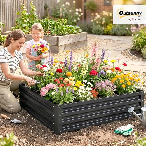 Outsunny Galvanized Raised Garden Bed, 4' x 4' x 1' Metal Planter Box, for Growing Vegetables, Flowers, Herbs, Succulents, Gray - color: Gray, size: 4' x 4' x 1'