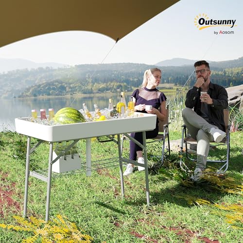 Outsunny 3.4ft Folding Ice Cooler Table with Drain, Fill and Chill, Outdoor with Storage Shelf, Drink Cooler for Parties Picnic BBQ Camping Wedding, White