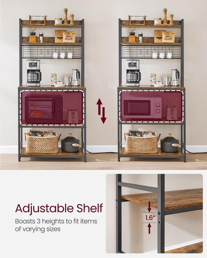 VASAGLE Bakers Rack with Power Outlet, Microwave Stand, Kitchen Tall Utility Storage Shelf, with Metal Wire Panel, 14 Hooks, 15.7 x 31.5 x 66.9 Inches, Rustic Brown and Ink Black UKKS025B01 - color: Rustic Brown + Ink Black, size: 31.5"W