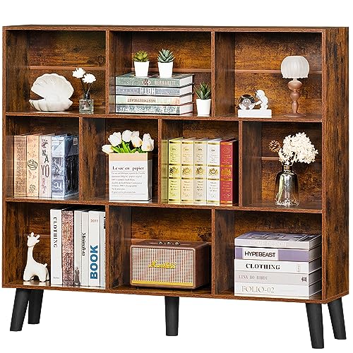 LEYAOYAO 10 Cube Bookshelf, Mid-Century Modern Book Shelf with Legs, Brown | 3 Tier Bookcase, Rustic Wood Bookshelves Freestanding Large Storage Organizer, Open Shelves for Bedroom, Living Room, Office - color: Brown, size: 10 Cube with Legs