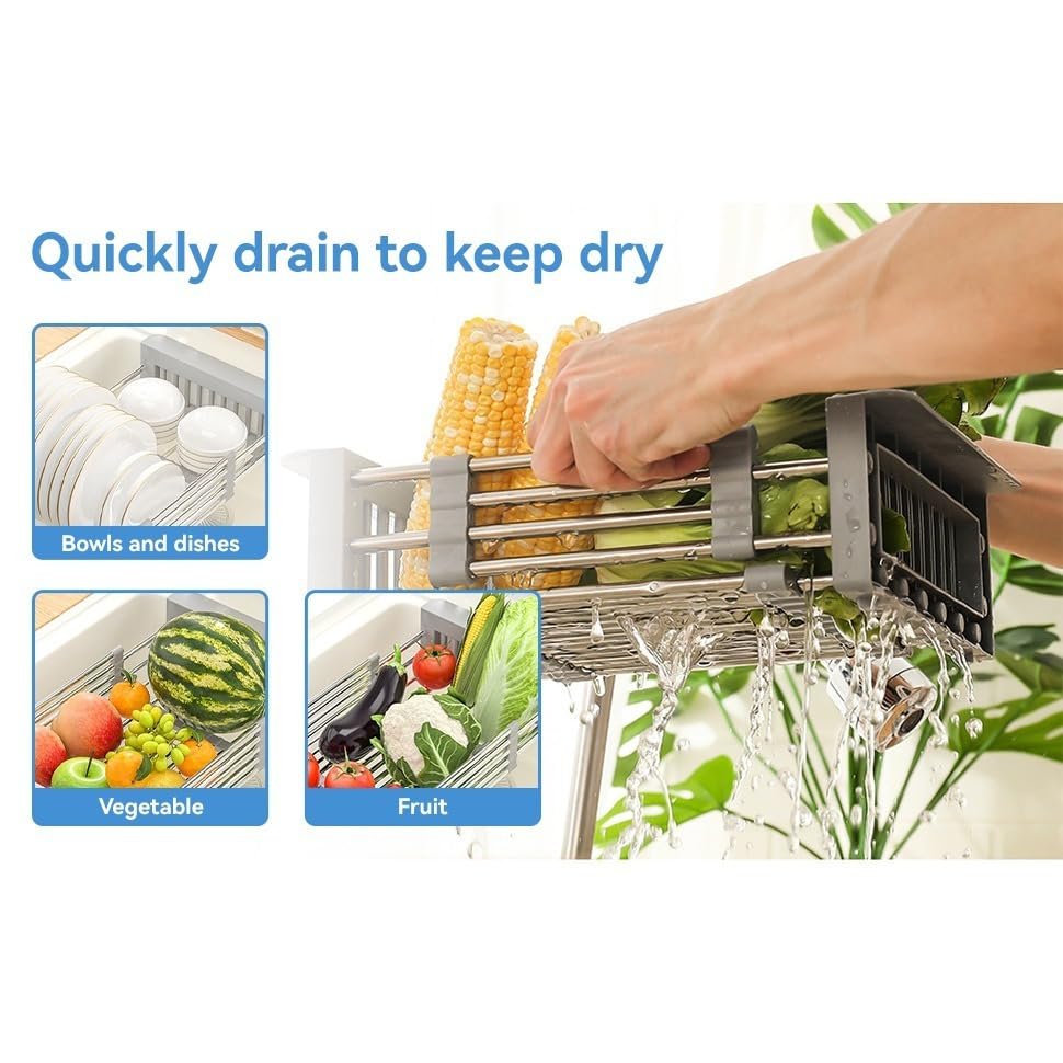 Adjustable Dish Drying Rack with Stainless Steel Drain Basket Over-The-Sink - Portable & Telescopic Space-Saving Solution for Fruit Vegetable
