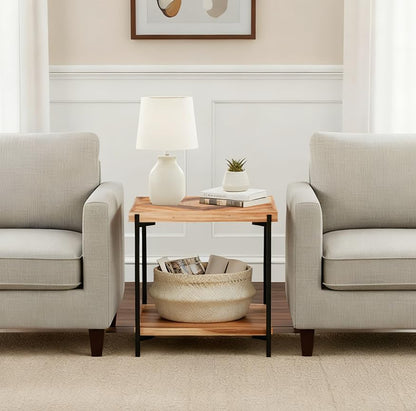 CONSDAN StoneCreek End Table 23 inch, Solid Fir Wood Side Table with Metal Frame, 2-Tier Storage Shelf, Square Nightstand for Living Room, Bedroom & Office, Rustic Style - color: End Table