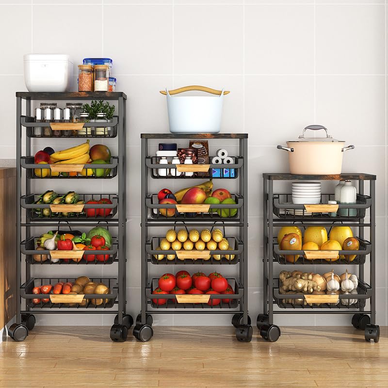 CarolynDesign 5 Tier Metal Wire Basket Cart on Wheels, Stackable Storage Bins for Kitchen, Living Room, Bedroom, Bathroom, Free Stand Vegetable Fruit Racks with Pull Out Drawers