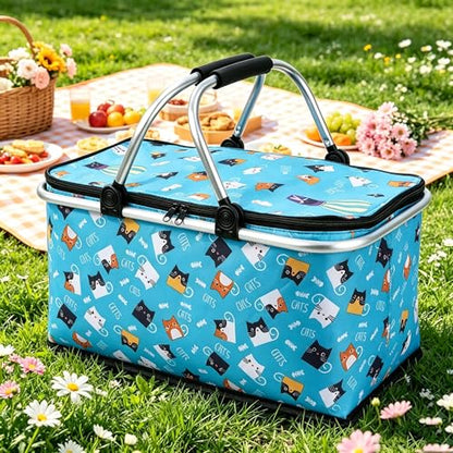 Upgrade Shopping Bag Picnic Basket 2 Layers of Internal Pockets Leak-Proof Insulated Cooler Bag Bag Collapsible Shopping Basket Folding Grocery Basket Bag for Picnic Travel(Blue Cat) - color: Blue Cat