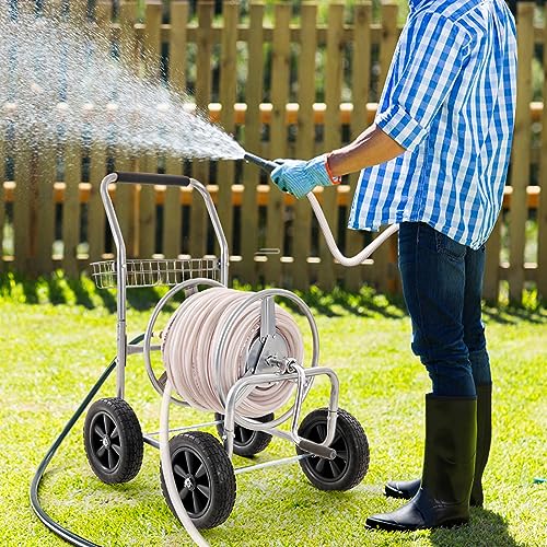 VEVOR Hose Reel Cart, 250 ft 5/8" Hose Capacity, 4 Wheels | Heavy Duty Powder-coated Steel, Storage Basket, Mobile Tools, For Garden, Yard, Lawn - style: 250 ft