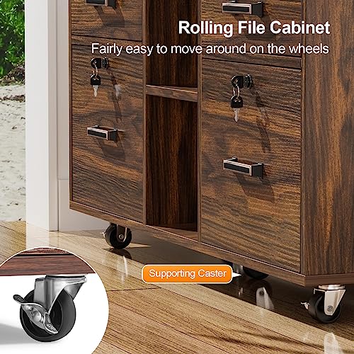 VINGLI Dark Brown Wood Lateral File Cabinet with Lock, 4 Drawer & 4 Open Shelves, Rolling File Cabinet for Home Office, Letter Sized - color: Dark Brown