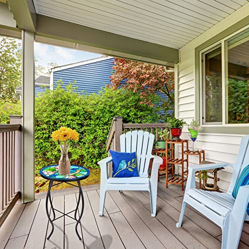 VCUTEKA Patio Side Table Outdoor Accent Table Bistro Coffee Table Plant End Table Small Porch Table Indoor Round Glass Balcony Bluebird Plant Table Stands - color: Blue Bird