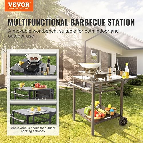 VEVOR Outdoor Grill Dining Cart with Double-Shelf, BBQ Movable Food Prep Table, Multifunctional Foldable Iron Table Top, Portable Modular Carts for Pizza Oven, Worktable with 2 Wheels, Carry Handle - size: 21.65"D x 21.65"W x 29.72"H, style: Iron Table To