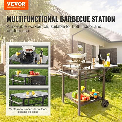 VEVOR Outdoor Grill Dining Cart with Double-Shelf, BBQ Movable Food Prep Table, Multifunctional Foldable Iron Table Top, Portable Modular Carts for Pizza Oven, Worktable with 2 Wheels, Carry Handle - size: 21.65"D x 21.65"W x 29.72"H, style: Iron Table To