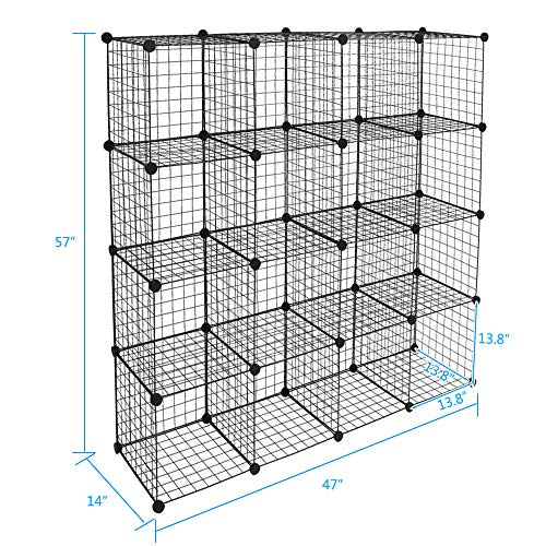 Vasitelan Wire Cube Storage Shelves, 16 Cube Storage Organizer Metal Shelves, Storage Bins Shelving, Modular Bookshelf Shelf, Closet Cabinet Ideal for Bedroom, Office, 47”L x 14”W x 57”H, Black