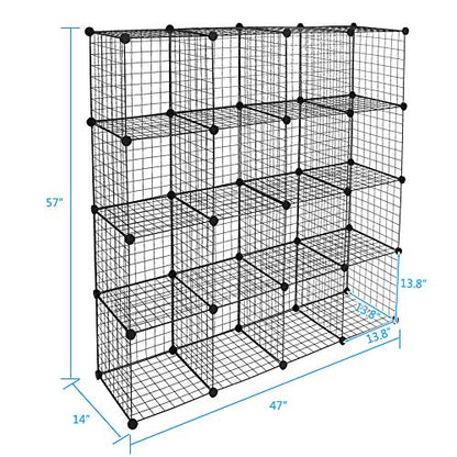 Vasitelan Wire Cube Storage Shelves, 16 Cube Storage Organizer Metal Shelves, Storage Bins Shelving, Modular Bookshelf Shelf, Closet Cabinet Ideal for Bedroom, Office, 47”L x 14”W x 57”H, Black