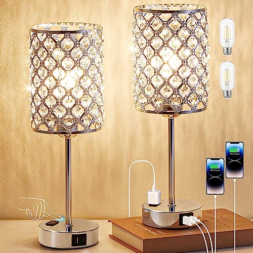 Table Lamps for Bedroom Set of 2-Crystal Table Lamp with USB C+A Ports & AC Outlet Sliver Nightstand Touch Lamp with 3-Way Dimmable Bedside Side Desk Lamp for Living/Bedroom (LED Bulb Included) - color: Silver 2, size: 2 Pack
