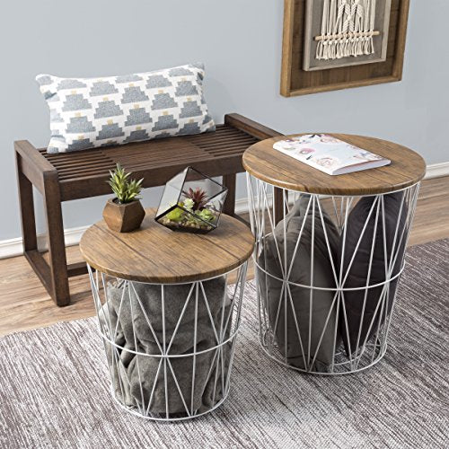 Lavish Home End Tables - Round Nesting Tables Set of 2, Brown/White | 17.5”/15.5” Side Tables with Removable Wood Tops & Metal Basket Bases for Blanket Storage, Living Room, Bedroom & Home Office - color: White Diamond